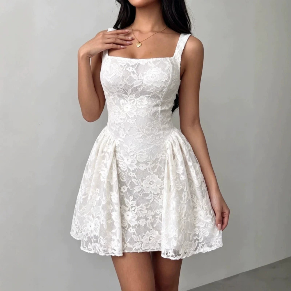 White Lace Square Neck Wide Straps Waist Nipping Bubble Mini Dress